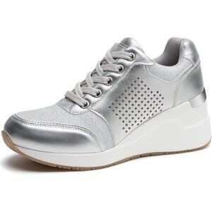 Cestfini Women Silver Wedge High Heeld Lace Up Daily Wear Sneaker for Casual